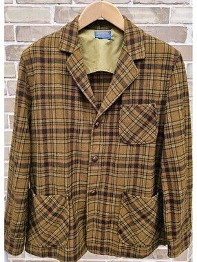 Vintage Pendleton Wool Plaid Jacket Men's L Brown Button Front Lined Pockets